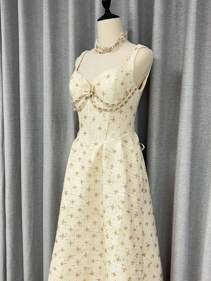 Women's Sweetheart Neckline Sleeveless Midi Dress with Rosette and Bead Trim