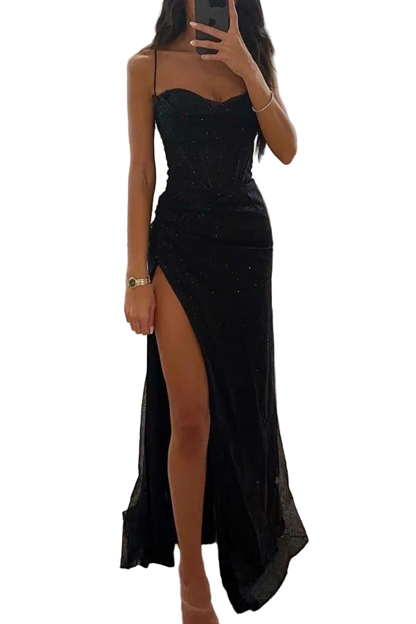 Women's Sweetheart Neckline Spaghetti Strap Maxi Dress with Corset Bodice and Side Slit