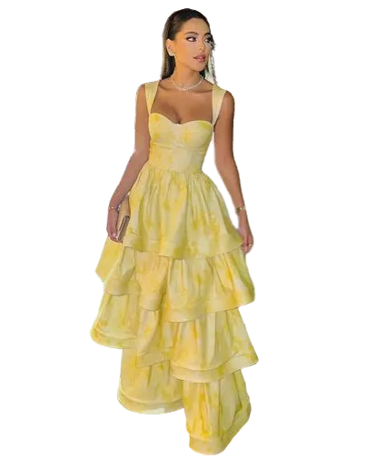 Women's Sweetheart Neckline Tiered Ruffle Maxi Dress with Wide Straps and Floral Print