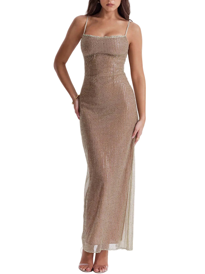 Women's Thin Strap Scoop Neckline Maxi Dress with Beaded Surface
