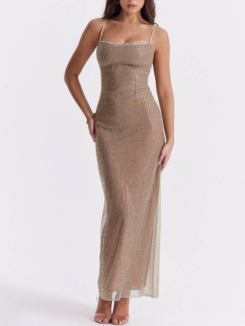 Women's Thin Strap Scoop Neckline Maxi Dress with Beaded Surface