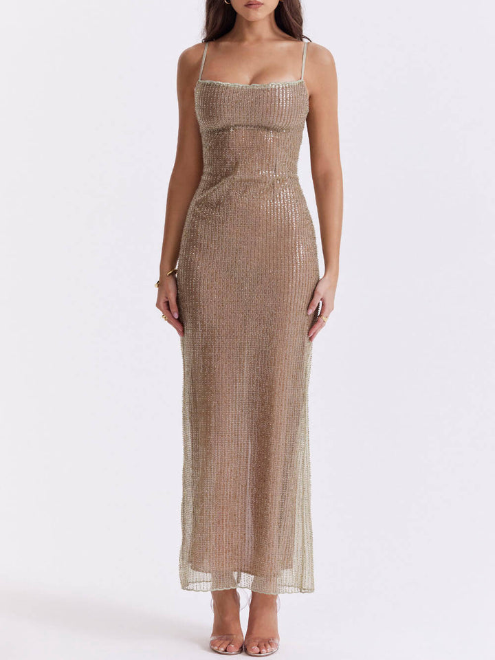 Women's Thin Strap Scoop Neckline Maxi Dress with Beaded Surface