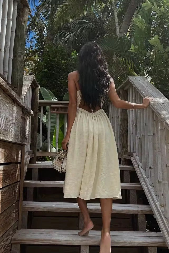 Women's V-Neck Cross-Strap Midi Dress with Front Opening and Side Slit