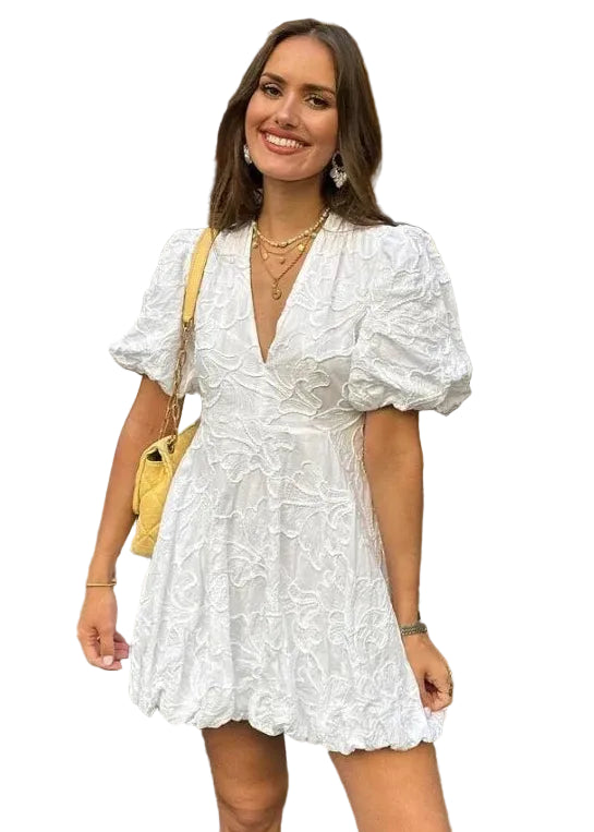 Women's V-Neck Mini Dress with Puff Sleeves and Raised Floral Pattern