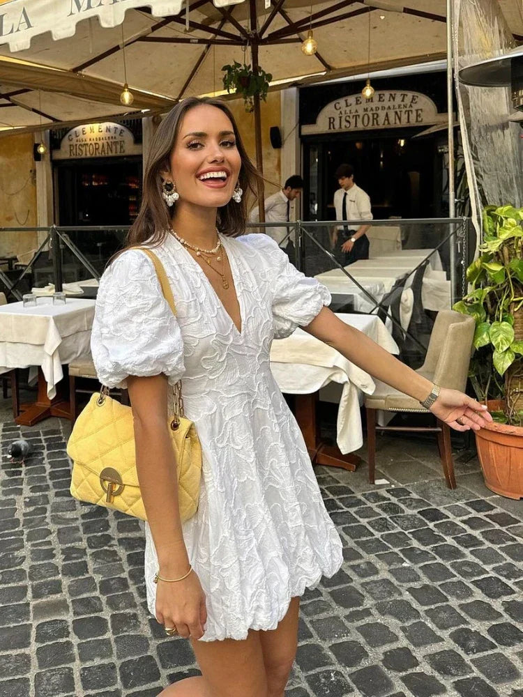 Women's V-Neck Mini Dress with Puff Sleeves and Raised Floral Pattern