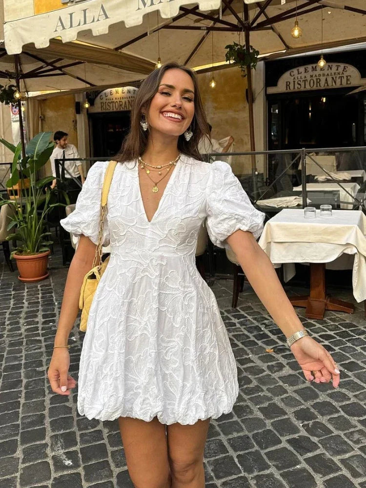 Women's V-Neck Mini Dress with Puff Sleeves and Raised Floral Pattern