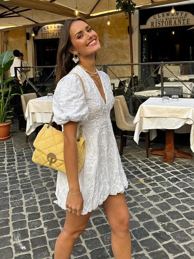 Women's V-Neck Mini Dress with Puff Sleeves and Raised Floral Pattern