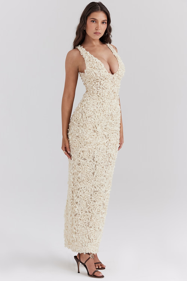 Women's V-Neck Sleeveless Maxi Dress with 3D Floral Appliqué Surface and Wide Straps
