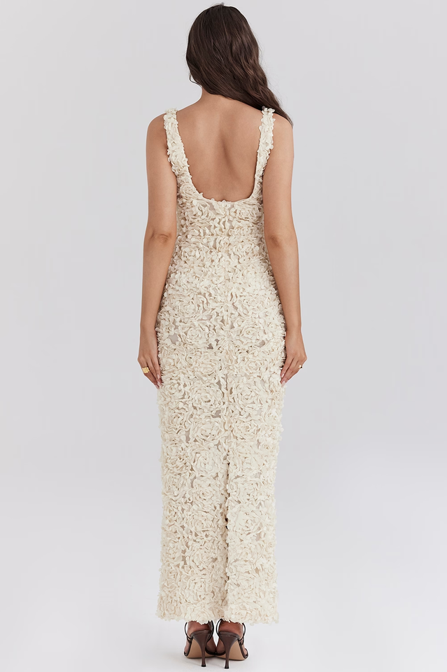 Women's V-Neck Sleeveless Maxi Dress with 3D Floral Appliqué Surface and Wide Straps