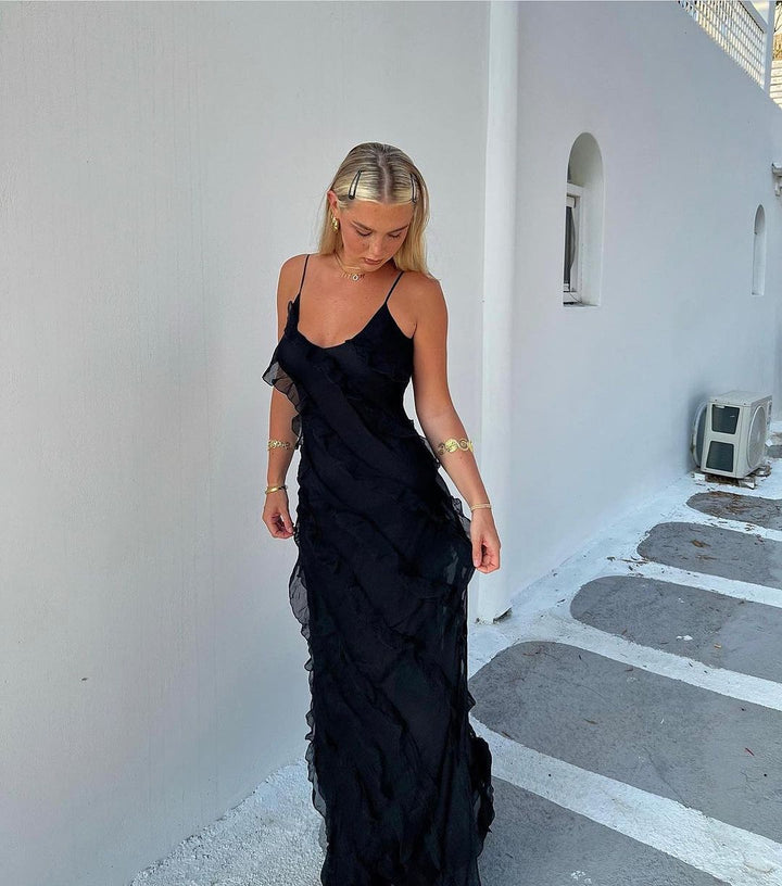 Women's V-Neck Spaghetti Strap Maxi Dress with Cascading Ruffle Trim