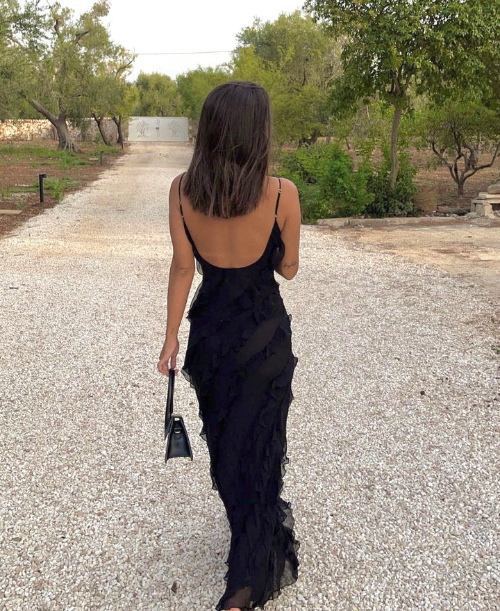 Women's V-Neck Spaghetti Strap Maxi Dress with Cascading Ruffle Trim