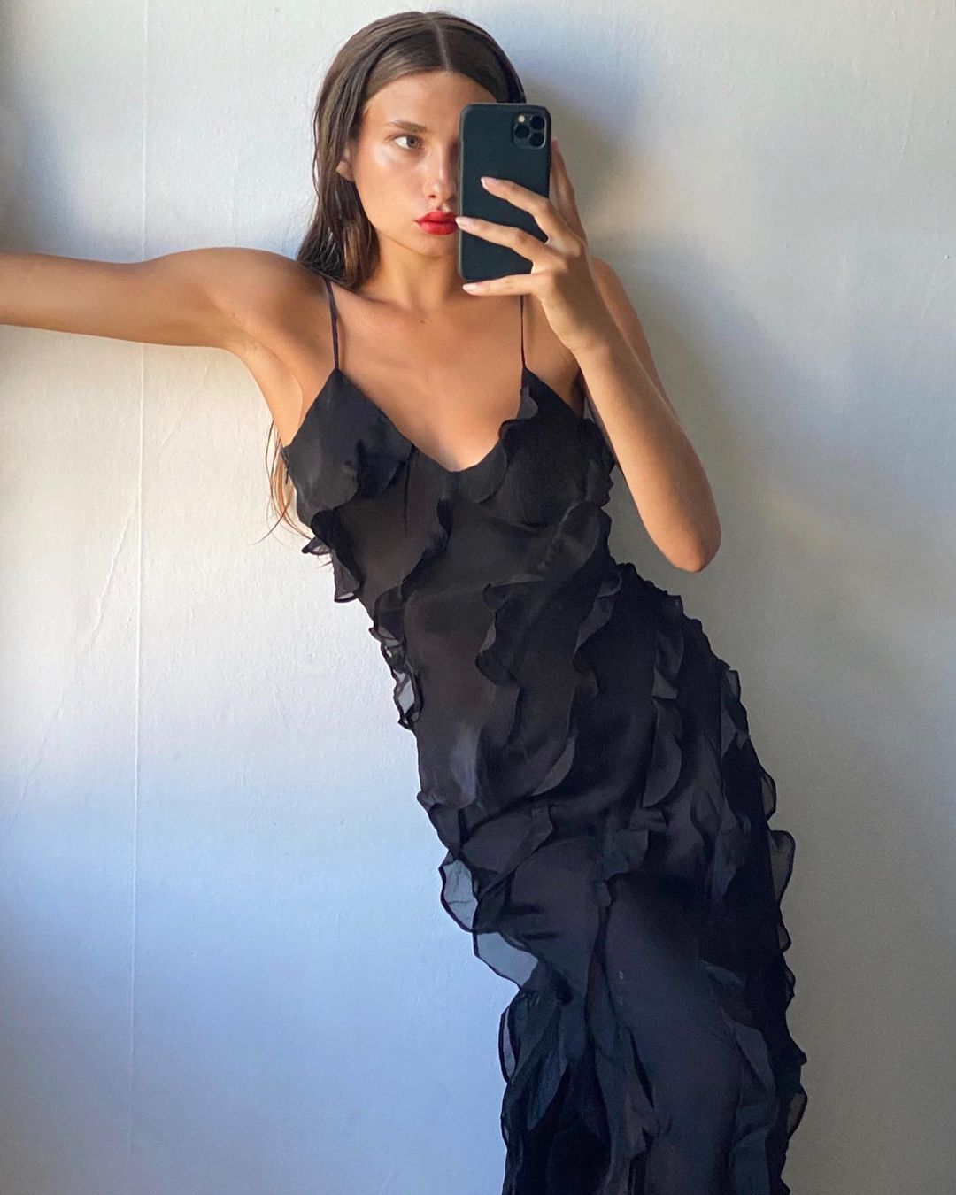 Women's V-Neck Spaghetti Strap Maxi Dress with Cascading Ruffle Trim