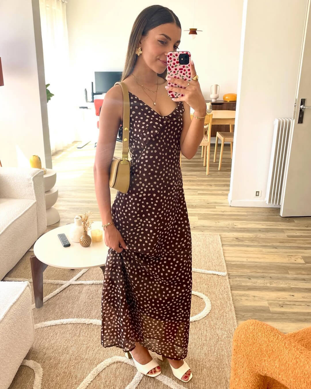 Women's V-Neckline Polka Dot Spaghetti Strap Maxi Dress with Ruffle Trim