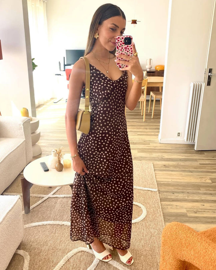 Women's V-Neckline Polka Dot Spaghetti Strap Maxi Dress with Ruffle Trim