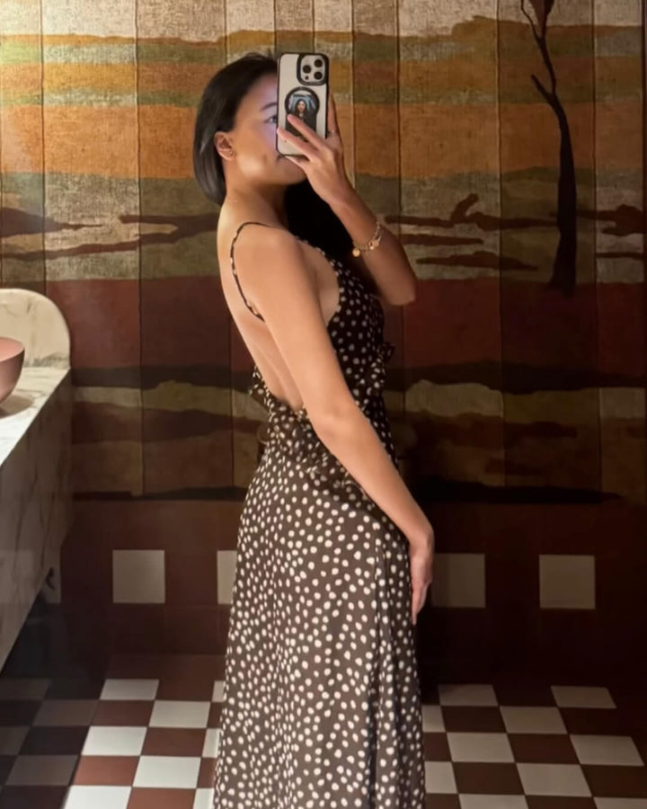 Women's V-Neckline Polka Dot Spaghetti Strap Maxi Dress with Ruffle Trim