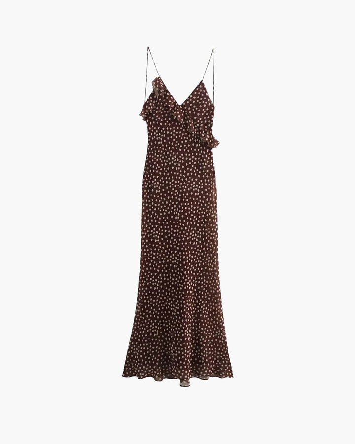 Women's V-Neckline Polka Dot Spaghetti Strap Maxi Dress with Ruffle Trim