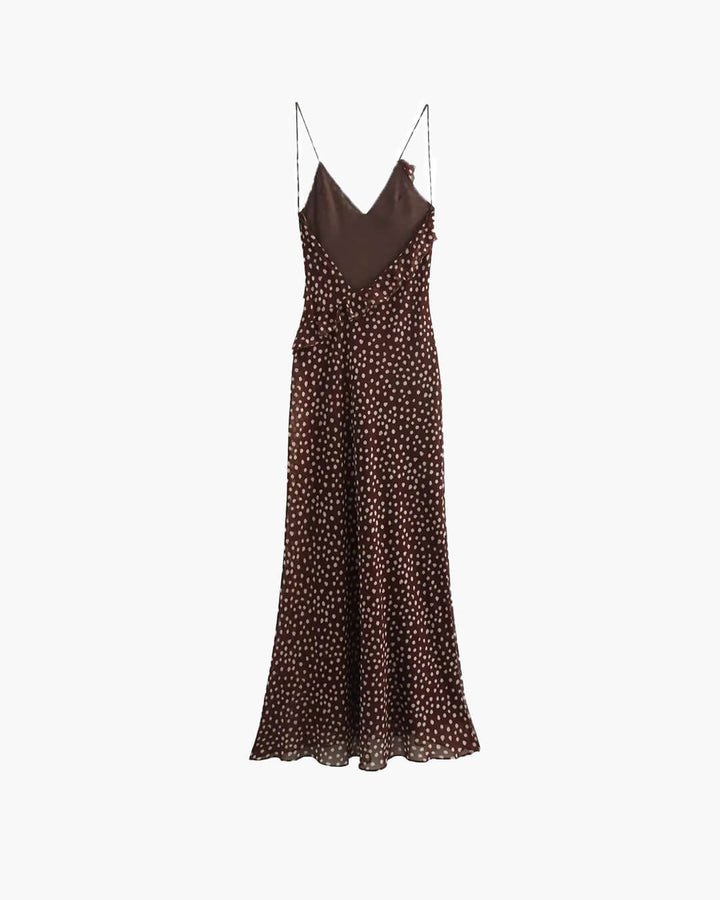 Women's V-Neckline Polka Dot Spaghetti Strap Maxi Dress with Ruffle Trim
