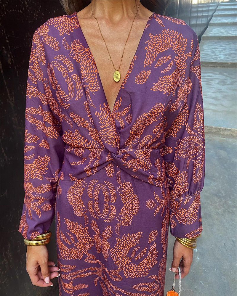 Women's V-Neckline Printed Maxi Dress with Twist-Front Knot and Long Sleeves