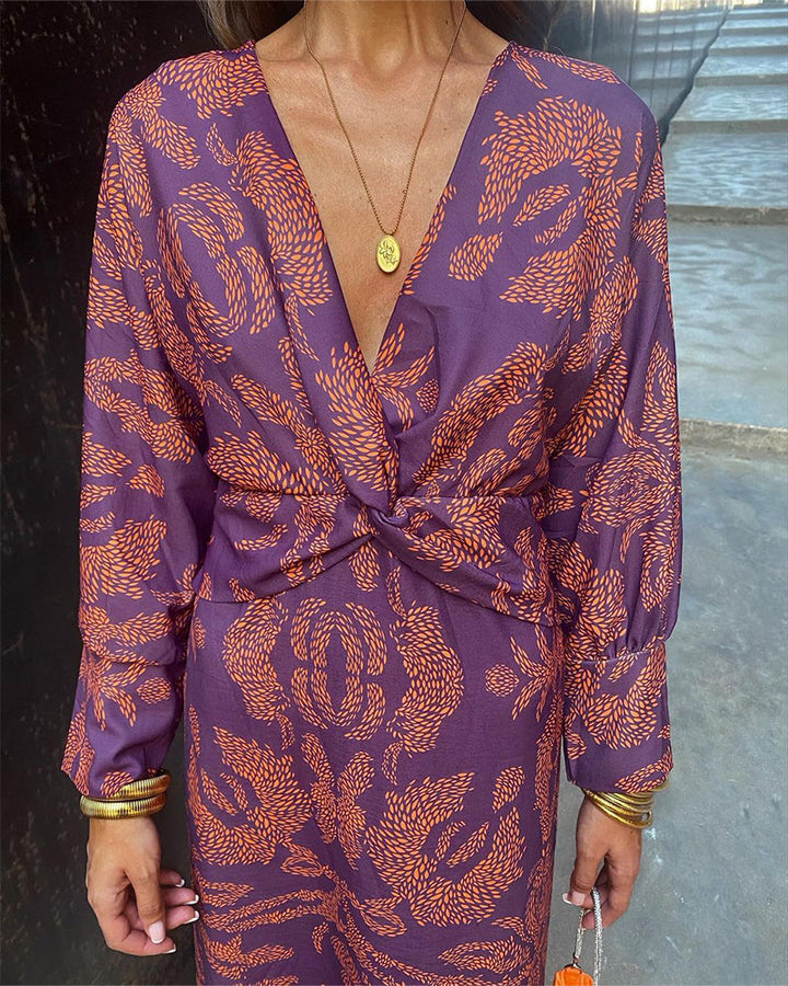 Women's V-Neckline Printed Maxi Dress with Twist-Front Knot and Long Sleeves