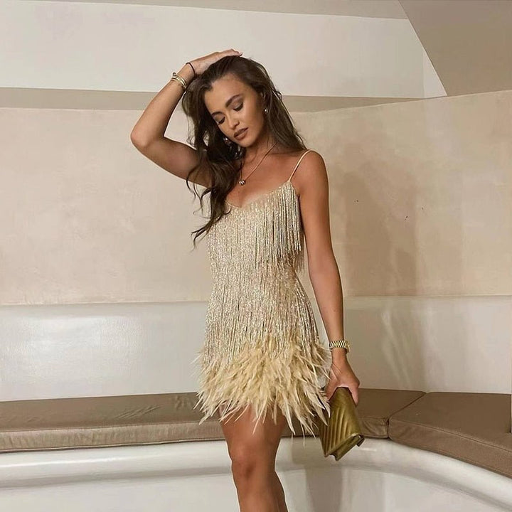 Women's V-Neckline Sequin Fringe Mini Dress with Spaghetti Straps and Feather Hem