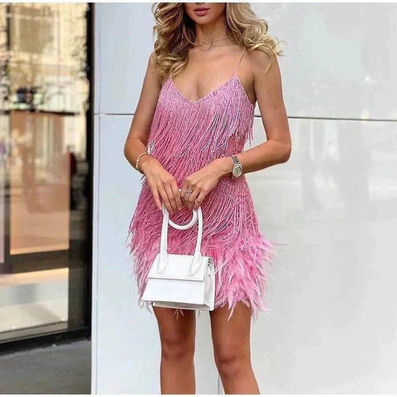 Women's V-Neckline Sequin Fringe Mini Dress with Spaghetti Straps and Feather Hem