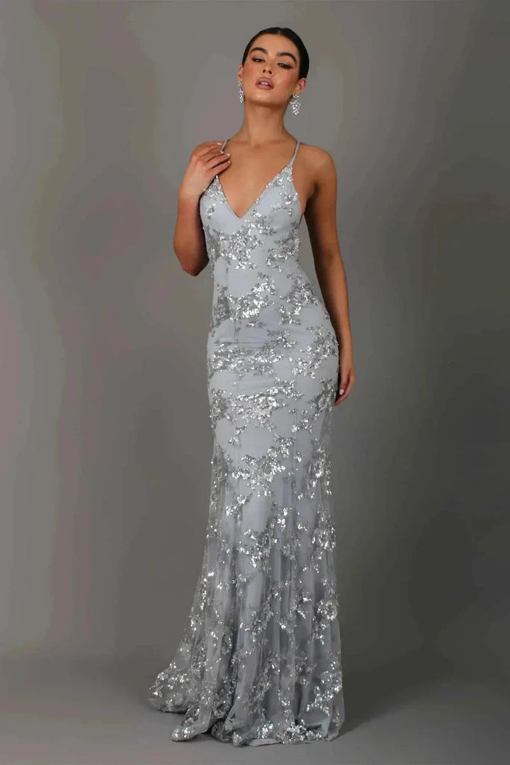Women's V-Neckline Sequin Maxi Dress with Spaghetti Straps and Lace-Up Back