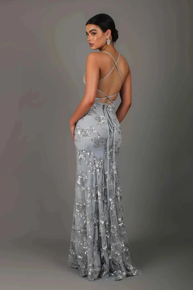 Women's V-Neckline Sequin Maxi Dress with Spaghetti Straps and Lace-Up Back