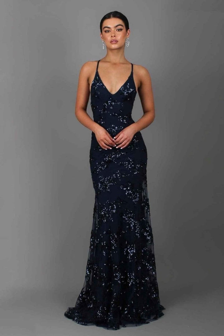 Women's V-Neckline Sequin Maxi Dress with Spaghetti Straps and Lace-Up Back