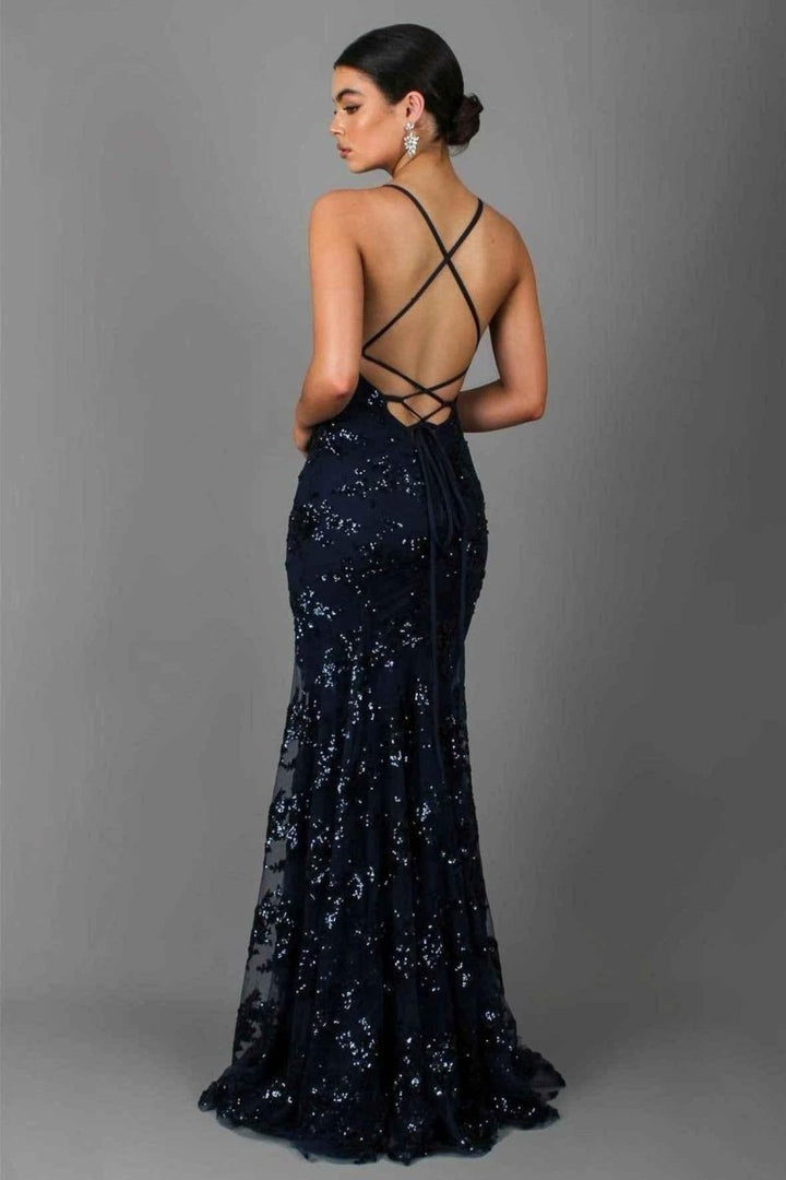 Women's V-Neckline Sequin Maxi Dress with Spaghetti Straps and Lace-Up Back