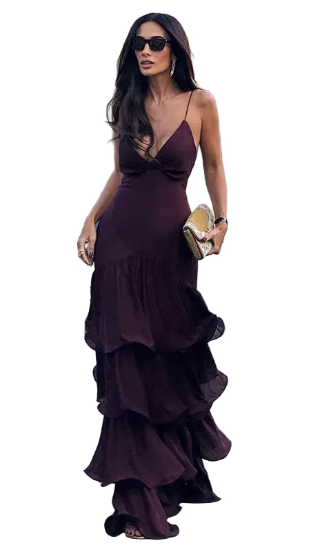 Women's V-Neckline Tiered Ruffle Maxi Dress with Spaghetti Straps