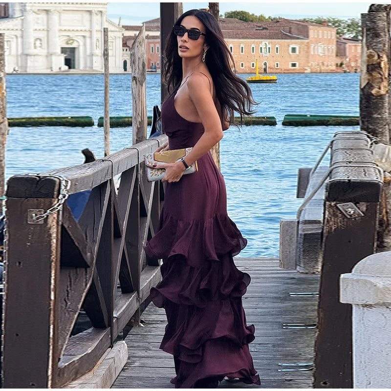 Women's V-Neckline Tiered Ruffle Maxi Dress with Spaghetti Straps