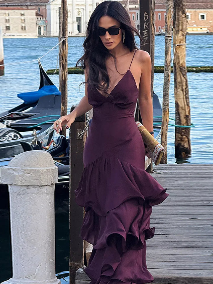 Women's V-Neckline Tiered Ruffle Maxi Dress with Spaghetti Straps