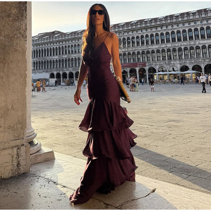 Women's V-Neckline Tiered Ruffle Maxi Dress with Spaghetti Straps