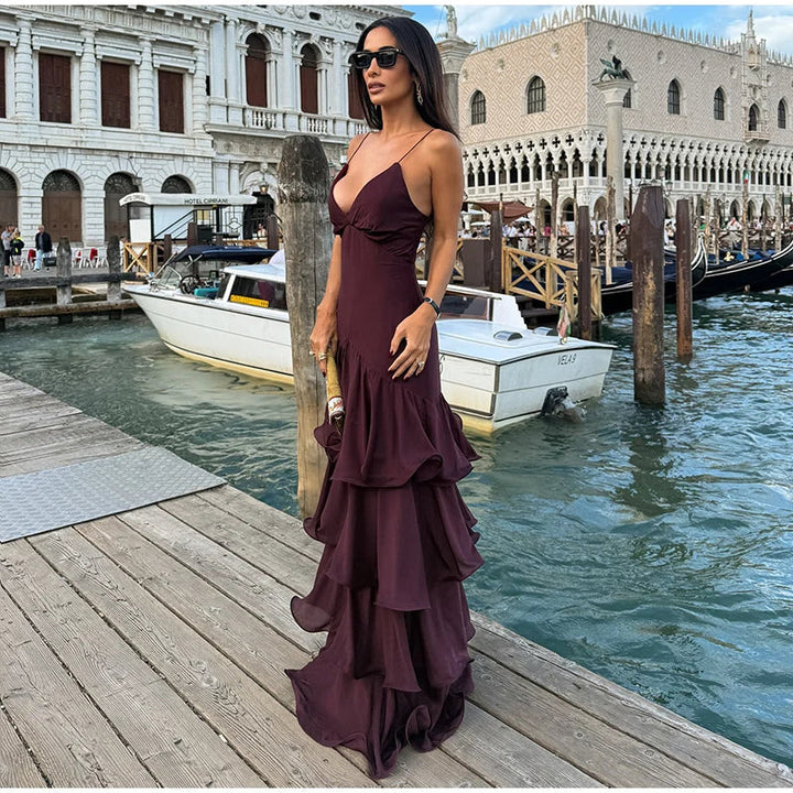 Women's V-Neckline Tiered Ruffle Maxi Dress with Spaghetti Straps