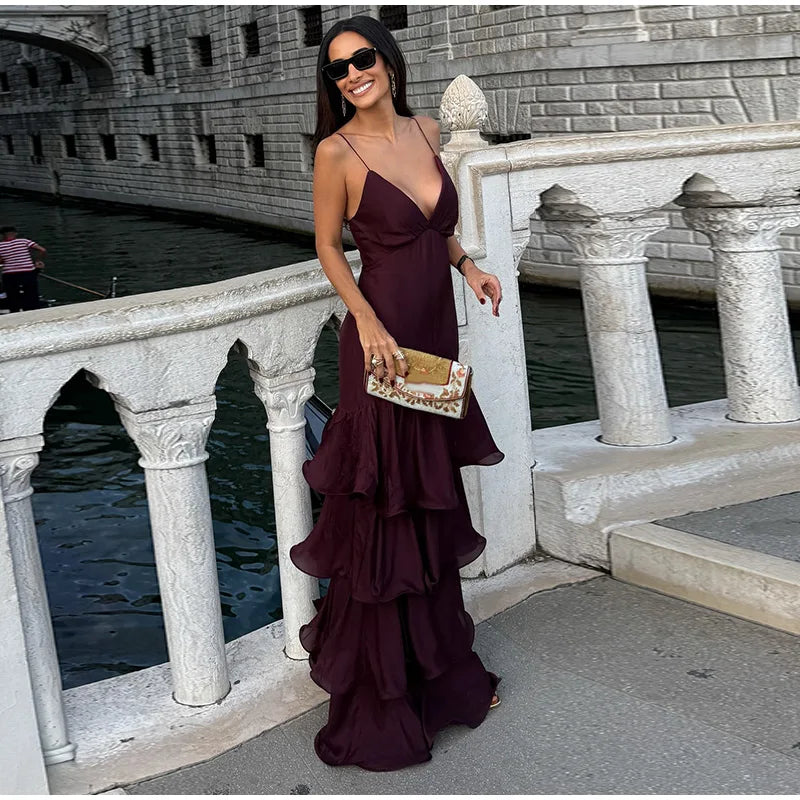 Women's V-Neckline Tiered Ruffle Maxi Dress with Spaghetti Straps