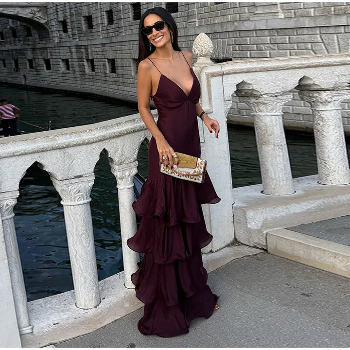Women's V-Neckline Tiered Ruffle Maxi Dress with Spaghetti Straps