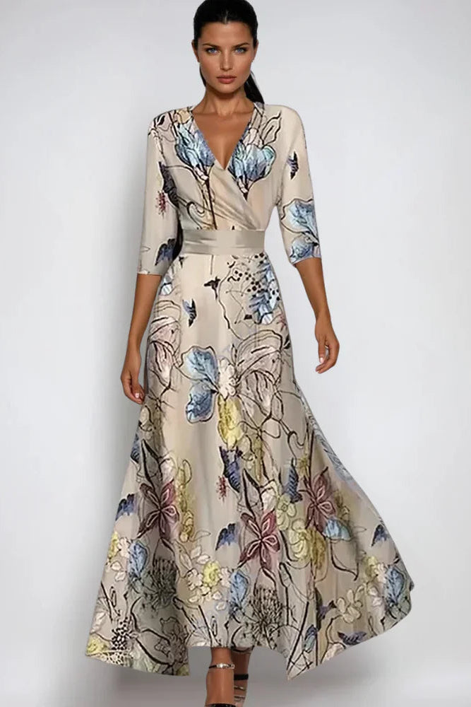 Women's V-Neckline Wrap Maxi Dress with Three-Quarter Sleeves and Flared Skirt