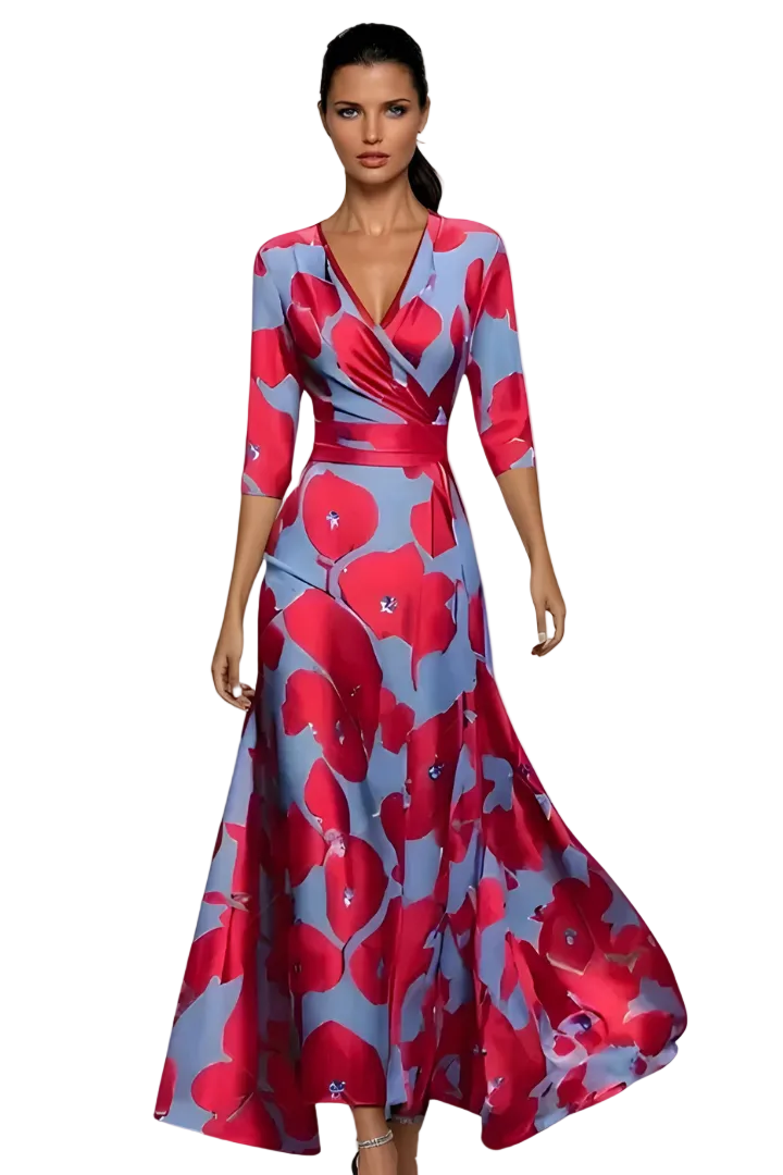 Women's V-Neckline Wrap Maxi Dress with Three-Quarter Sleeves and Flared Skirt