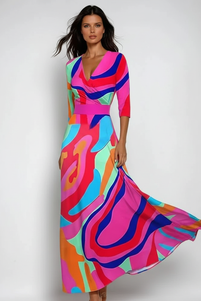 Women's V-Neckline Wrap Maxi Dress with Three-Quarter Sleeves and Flared Skirt