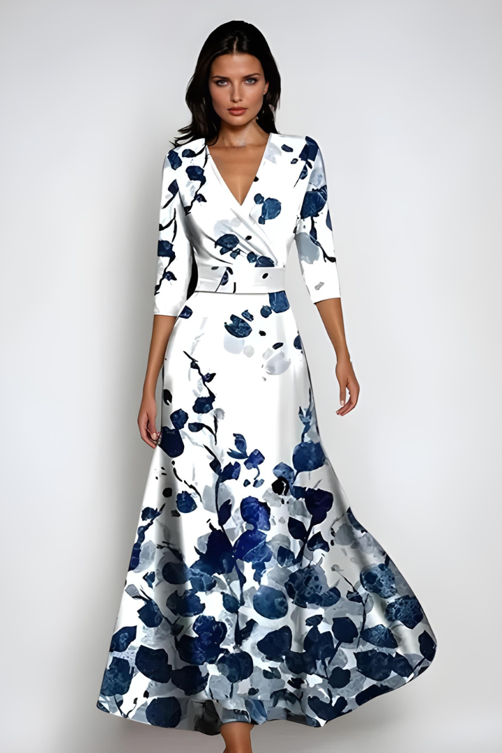 Women's V-Neckline Wrap Maxi Dress with Three-Quarter Sleeves and Flared Skirt