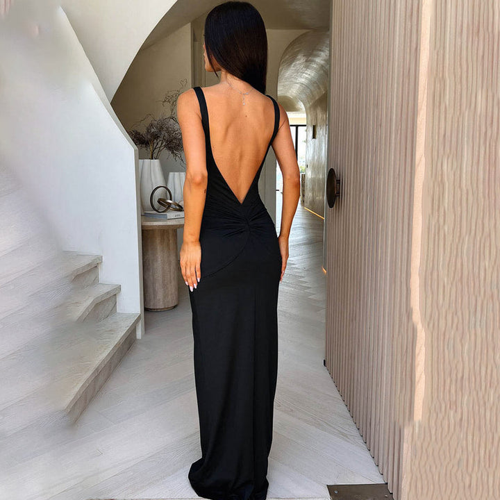 Women's Wide Strap Maxi Dress with V-Neckline Cut-Out and Front Lace Tie