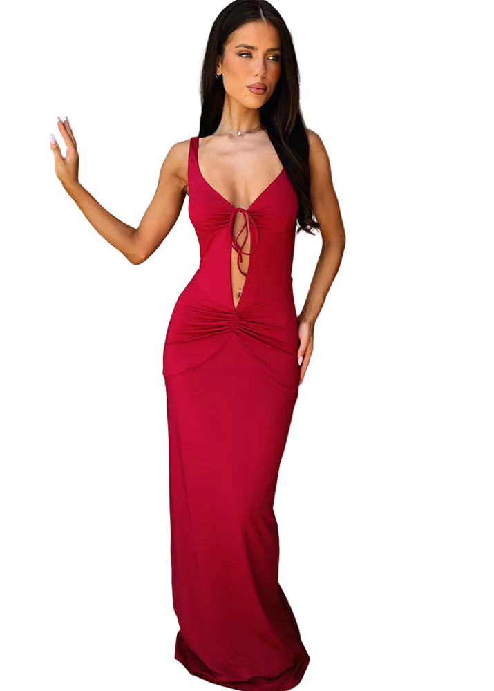 Women's Wide Strap Maxi Dress with V-Neckline Cut-Out and Front Lace Tie