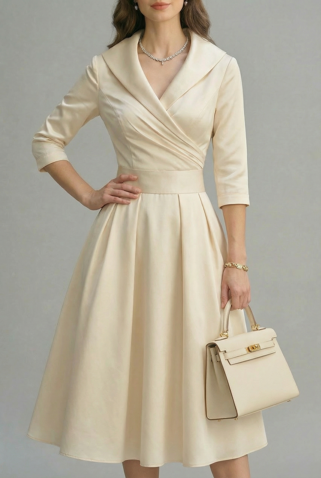 Women's Wrap Front Collar Midi Dress with Three-Quarter Sleeves and Flared Skirt