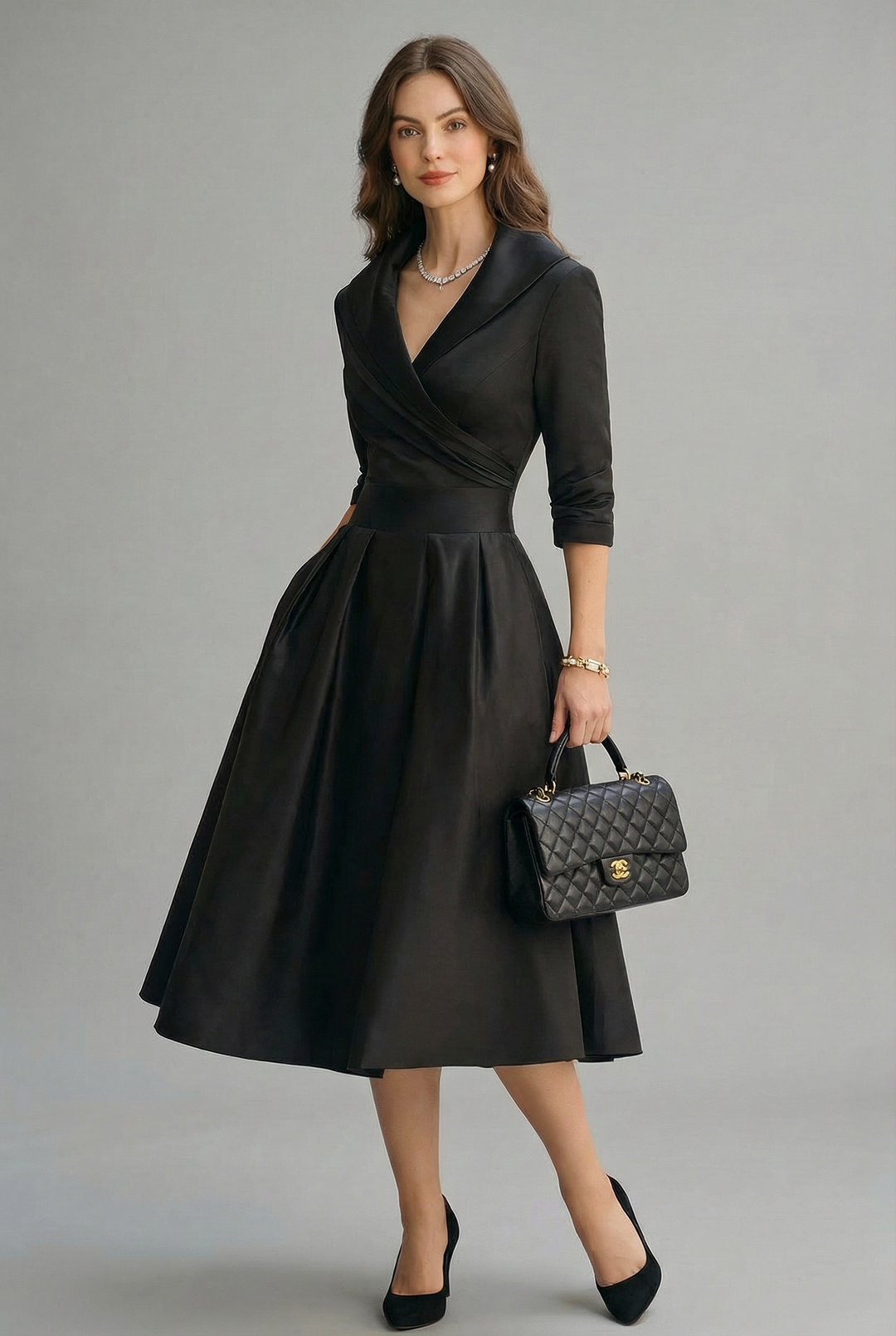 Women's Wrap Front Collar Midi Dress with Three-Quarter Sleeves and Flared Skirt