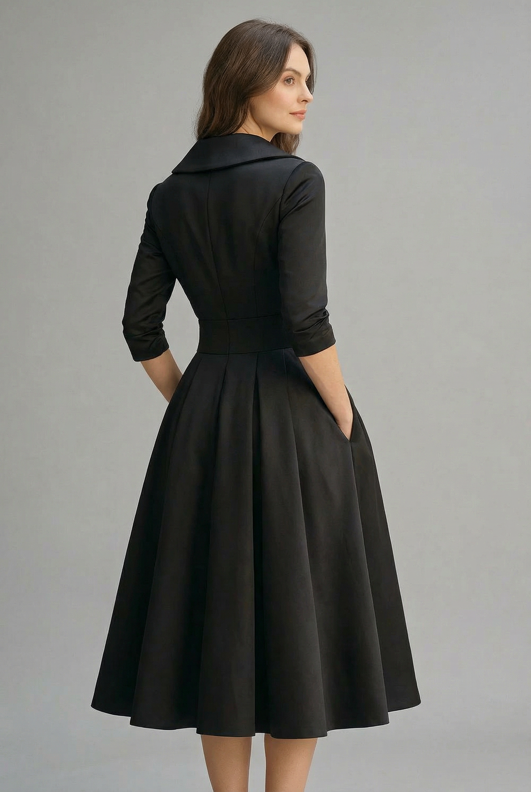 Women's Wrap Front Collar Midi Dress with Three-Quarter Sleeves and Flared Skirt