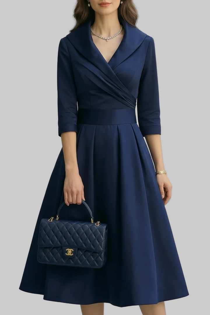 Women's Wrap Front Collar Midi Dress with Three-Quarter Sleeves and Flared Skirt