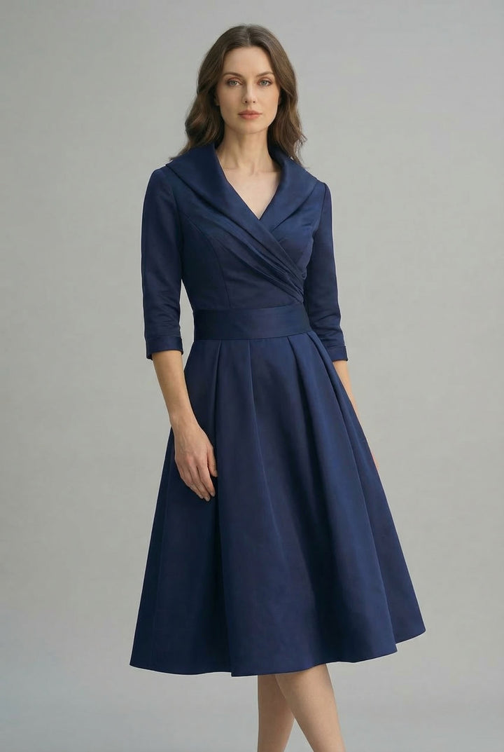 Women's Wrap Front Collar Midi Dress with Three-Quarter Sleeves and Flared Skirt