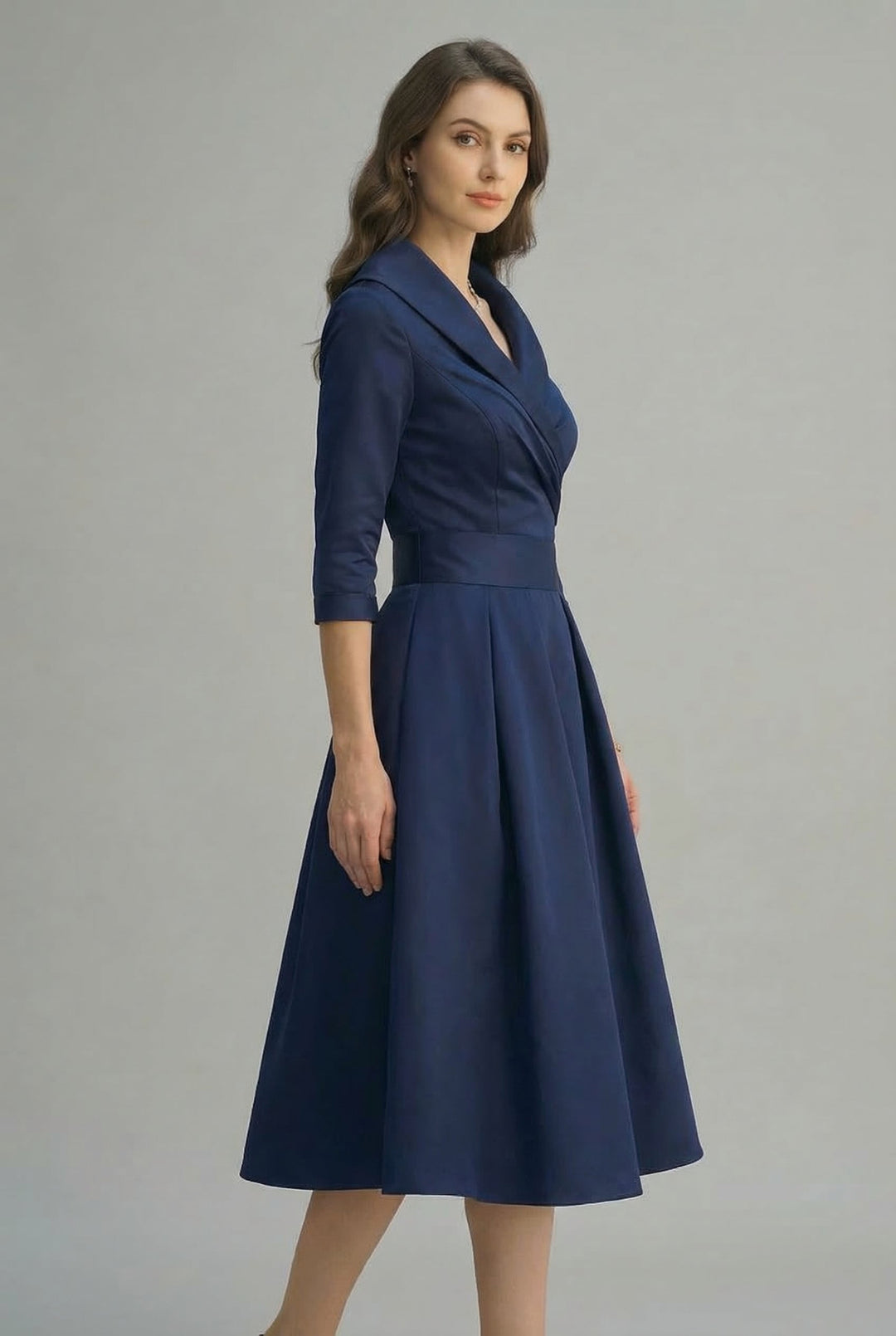 Women's Wrap Front Collar Midi Dress with Three-Quarter Sleeves and Flared Skirt