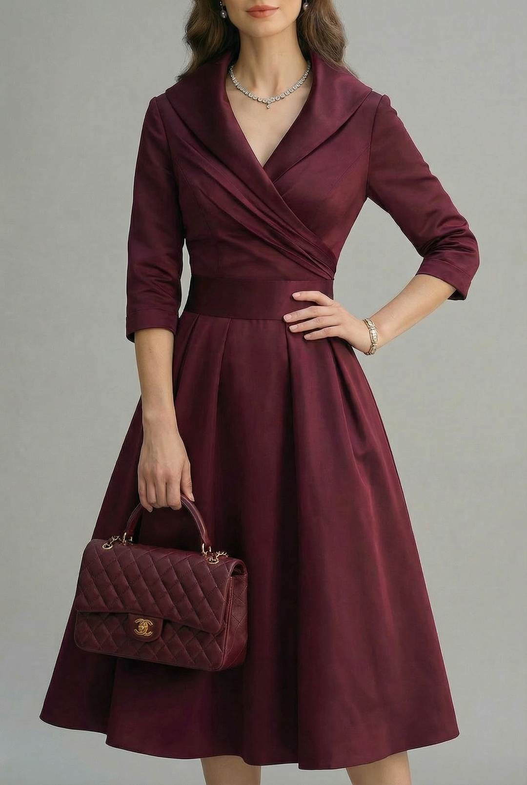 Women's Wrap Front Collar Midi Dress with Three-Quarter Sleeves and Flared Skirt
