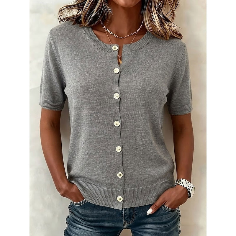 Delia | Women's Top Button Front Short Sleeve Relaxed Fit Summer Casual Top